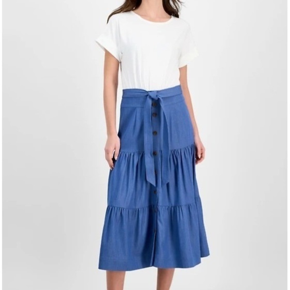 Tahari Mixed Media Tiered Buttoned Tie Waist A Line Dress Womens Size XS NWT